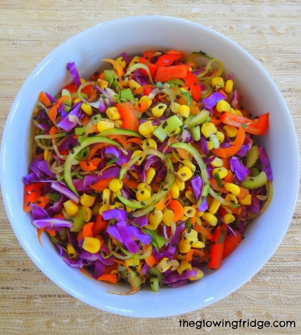Fully Raw and Sweetly Spicy ZOODLE bowl (zucchini noodles) Vegan, Gluten Free and BEAUtiful - from The Glowing Fridge