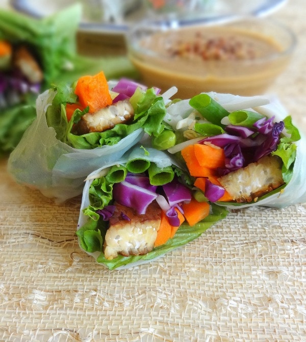 Vegan Spring Rolls with Tempeh and Fresh Veggies, paired with a homemade Spicy Peanut Dipping Sauce - from TheGlowingFridge