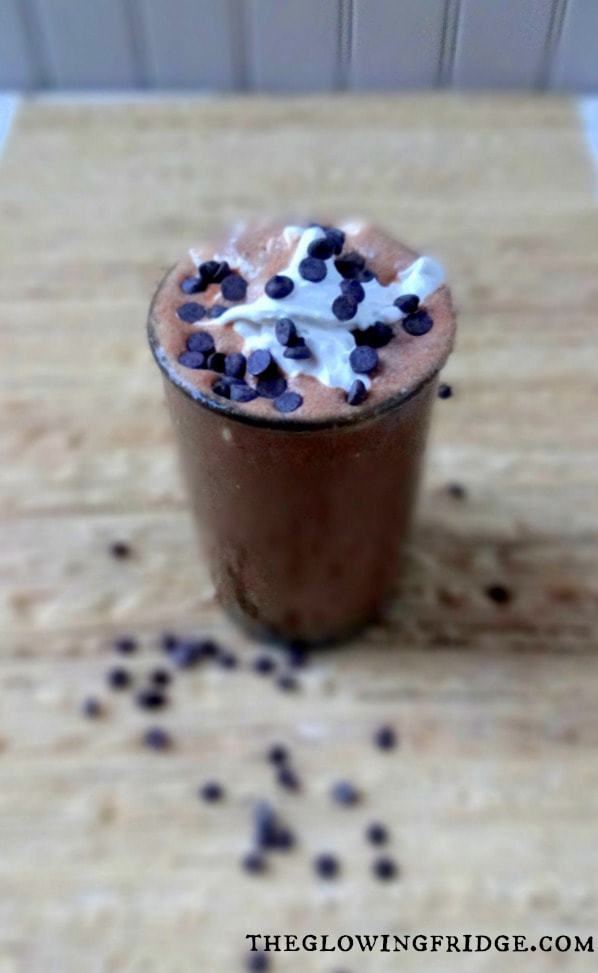Frozen Hot Chocolate - Vegan and Dairy-Free Recipe - with Coconut Whip and Choco Chips - From The Glowing Fridge
