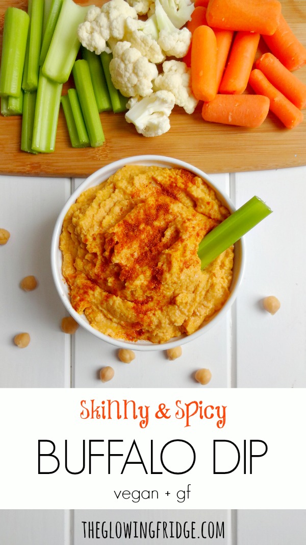 Skinny & Spicy Buffalo Dip that's low fat, vegan and gluten free! Perfect for game days, appetizers or snacks. Works great as a spread on a sandwich or wrap. Creamy, spicy and ready in 5 minutes. From The Glowing Fridge.