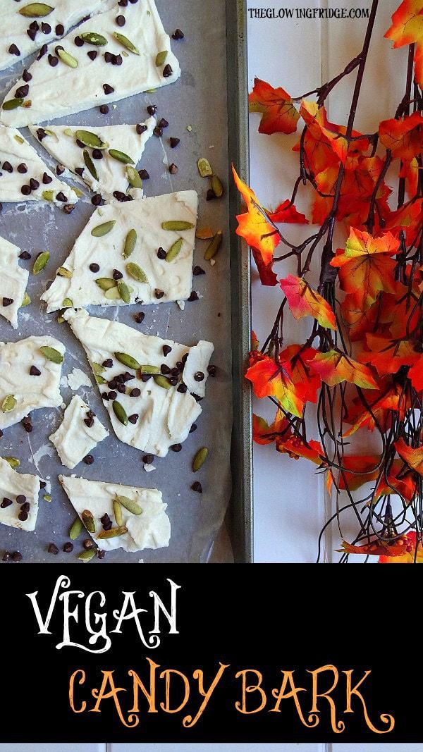 Vegan Candy Bark - not made out of white chocolate! It has only two simple ingredients + your favorite toppings like dairy-free chocolate chips or pepita seeds! Perfect for Halloween but we will be making this all year round. From The Glowing Fridge.