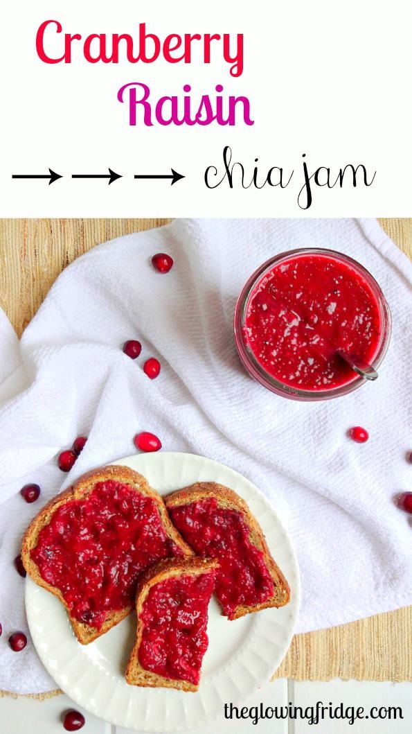 Cranberry Raisin Chia Jam - Seasonal and Vegan Superfood Jam. Super easy to make and tastes amazing on toast, in oatmeal or on crackers. From The Glowing Fridge