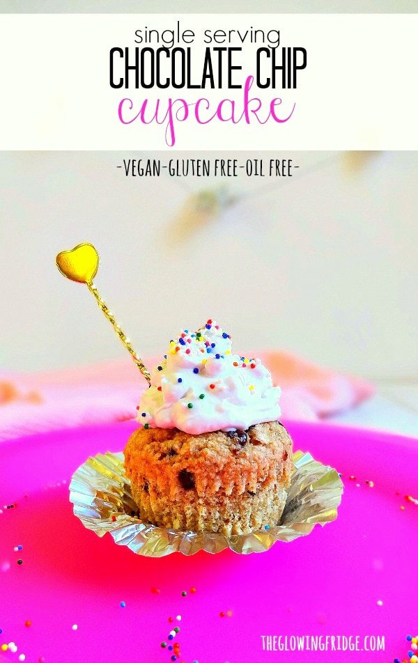Chocolate Chip Cupcake with Coconut Cream Frosting for one! Vegan, gluten free, oil free, nut free and oh so yummy!