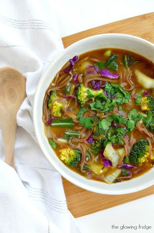 One-Pot Veggie and Soba Noodle Soup - Vegan and can be made Gluten Free - this comforting asian-inspired soup is healing, cleansing and full of wholesome veggies. Perfect for winter!