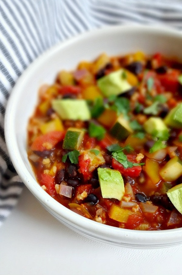 Spicy Veggie Bean Chili - plant based + vegan + gf - fresh, comforting, hearty and full of flavor from a perfect blend of spices!