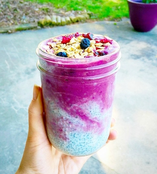 Chia Pudding swirled with a colorful Acai and Dragonfruit Smoothie