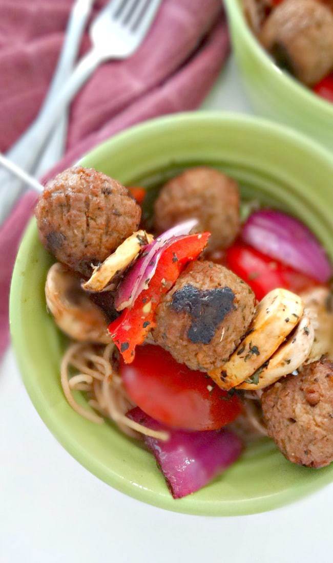 Meatless Meatball Skewers - a quick, convenient and delicious plant based vegan recipe that's healthy and perfect for grilling season! From The Glowing Fridge #meatless #monday