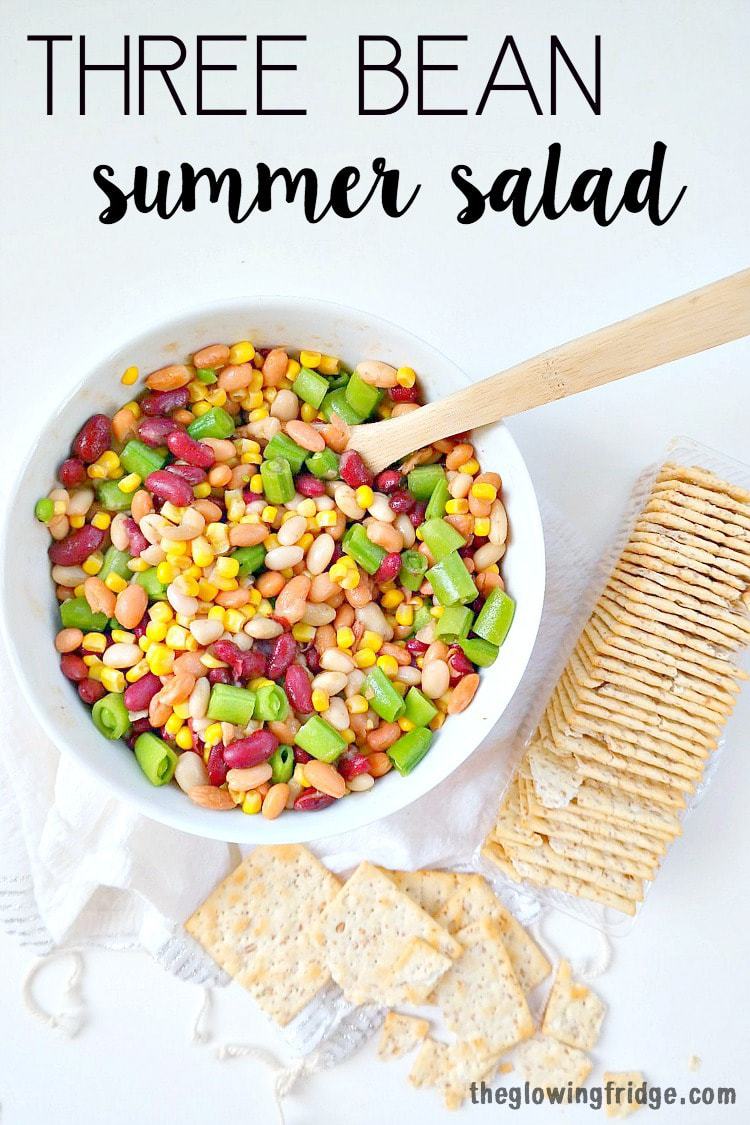 Three Bean Summer Salad. Plant Based and Vegan with an Oil Free Vinaigrette Dressing. The perfect chilled summer salad that gets better after a few hours in the fridge. Crunchy, totally satisfying, filling and healthy!