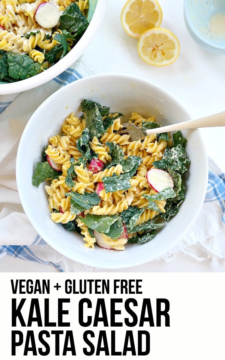 Vegan Kale Caesar Pasta Salad. Healthier, updated version of the classic salad with a creamy nut-free dressing. Cheesy, tangy, rich, peppery and so satisfying! From The Glowing Fridge. #vegan #salad #caesar