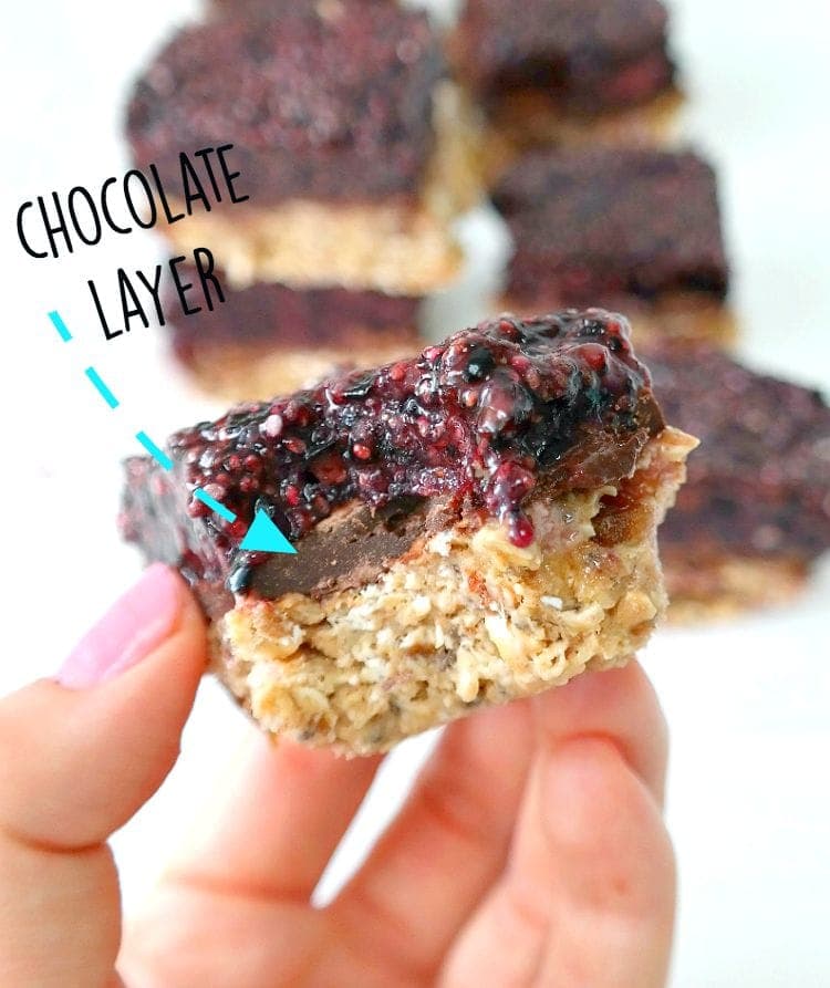 No-Bake Blueberry Chia Jam Bars - vegan and gluten free - chewy, sweet and packed with nourishing fiber, plant protein, iron and calcium. Perfect light breakfast or healthy snack. From The Glowing Fridge.
