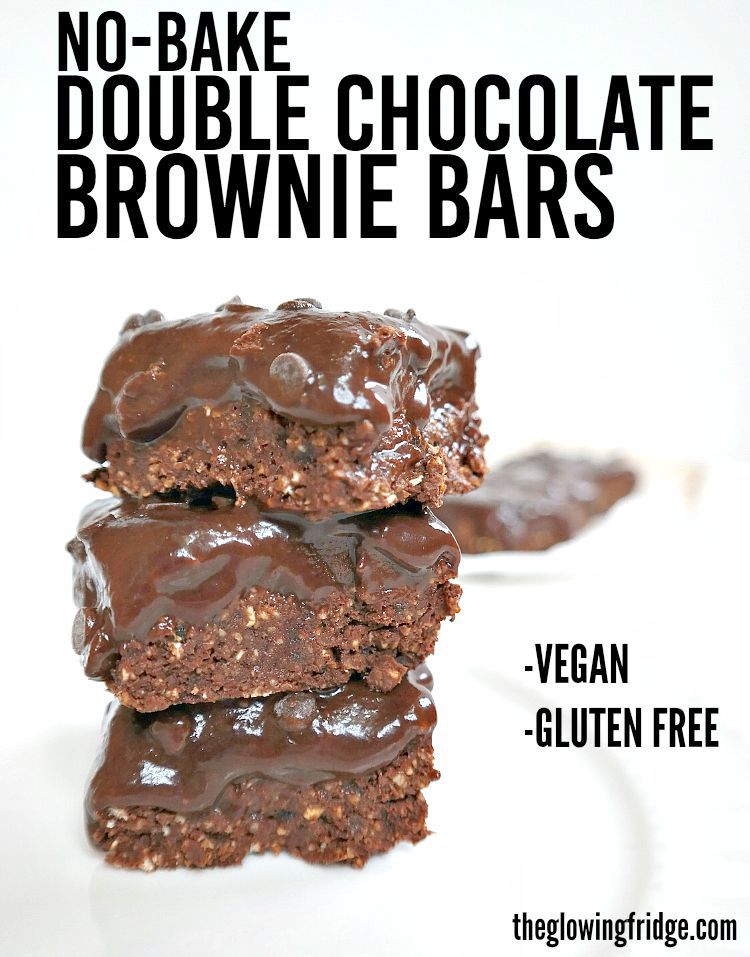 No Bake Double Chocolate Brownie Bars - vegan, gluten free, oil free, low fat, simple and GUILT FREE!  Melt in your mouth chocolate fudge layered over an decadent brownie crust. From The Glowing Fridge.