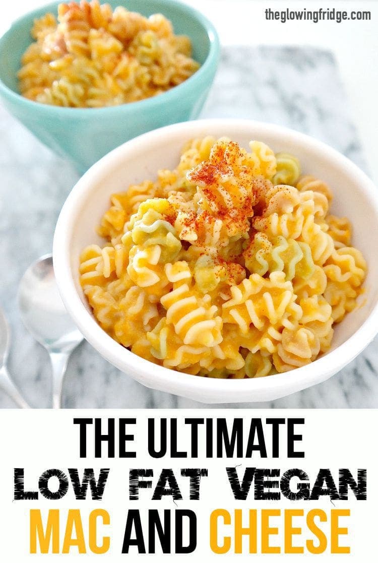 The Ultimate Vegan Mac and Cheese. Your favorite comfort food made low fat and oil free. Ready in 35 minutes. Great way to sneak in extra veggies! Pure creamy and cheesy goodness! YUMM. From The Glowing Fridge. 