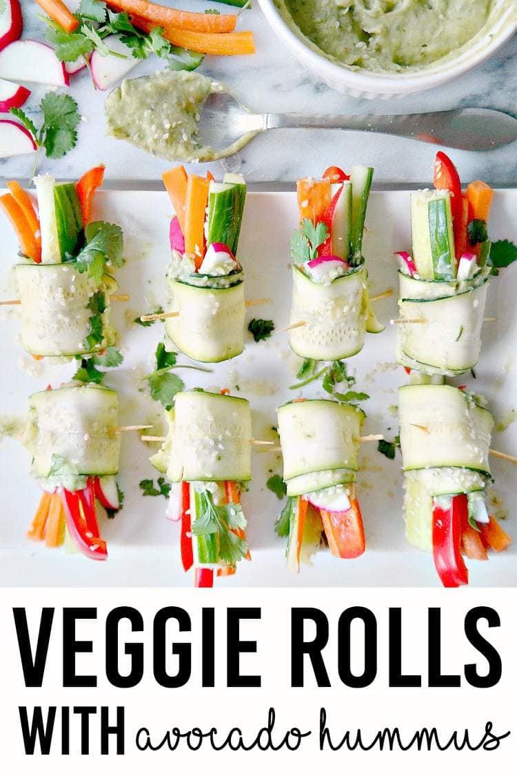 Vegan Veggie Rolls with Avocado Hummus - makes the perfect appetizer or starter that's healthy and fun! Fresh, crunchy veggies with a light and creamy avocado hummus. Flavorful, unique and something everyone can enjoy! From The Glowing Fridge.