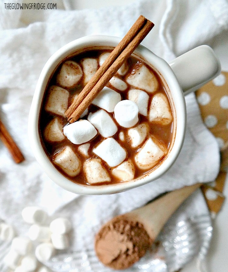 Get toasty with this Homemade Vegan Hot Chocolate. Luscious, comforting, and so easy to make. Using a cacao spice blend, you'll never want store-bought hot cocoa again after drinking this healthier (way more delicious) alternative! From The Glowing Fridge. #vegan #dairyfree #hotchocolate