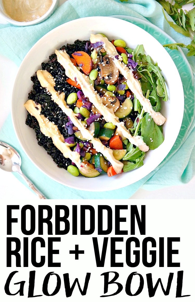 Forbidden Rice & Veggie Glow Bowl - vegan and gluten free - a nutrient-dense powerhouse bowl! With vibrant, saut?ed veggies and a creamy lemon tahini sauce over a bed of rice and greens, you'll be feeling properly fueled, balanced and sustained for hours. From The Glowing Fridge. #vegan #glutenfree #glowbowl