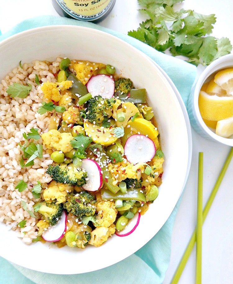 Easy Vegan Coconut Curry. Oil-Free and Gluten-Free. Made with creamy coconut milk, fresh vegetables, warming spices and brown rice, this rich yet healthy recipe is sure to please. Easy, not overpowering and absolutely delicious. From The Glowing Fridge