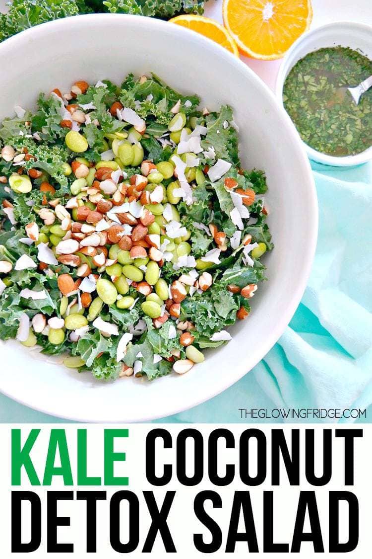 Kale Coconut Detox Salad - Vegan & Gluten Free. Crunchy and slightly sweet, infused with a citrus orange oil-free vinaigrette. Refreshing and light but also filling and packed with protein. An absolute must for spring and summer! From The Glowing Fridge.