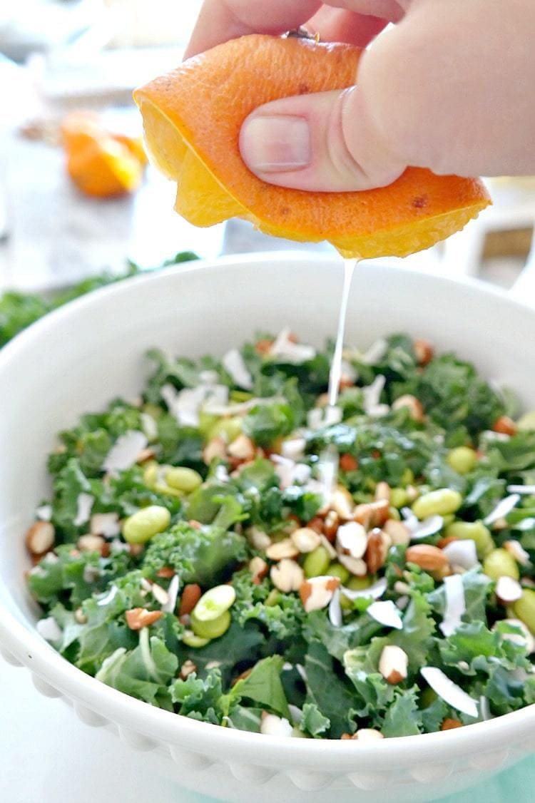 Kale Coconut Detox Salad - Vegan & Gluten Free. Crunchy and slightly sweet, infused with a citrus orange oil-free vinaigrette. Refreshing and light but also filling and packed with protein. An absolute must for spring and summer! From The Glowing Fridge.