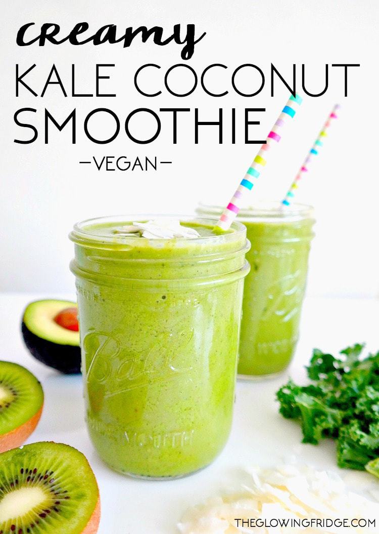 Creamy Kale Coconut Smoothie. VEGAN. Balancing, nutrient-dense, packed with beauty minerals and super creamy from avocado, this is a brain-boosting green monster smoothie with tropical vibes that you will LOVE. From The Glowing Fridge.