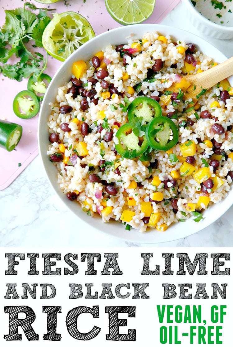 Fiesta Lime and Black Bean Rice. VEGAN, GF, OIL-FREE. Crunchy, spicy, full of lime flavor and absolutely delicious, similar to a bowl at Chipotle! From The Glowing Fridge.