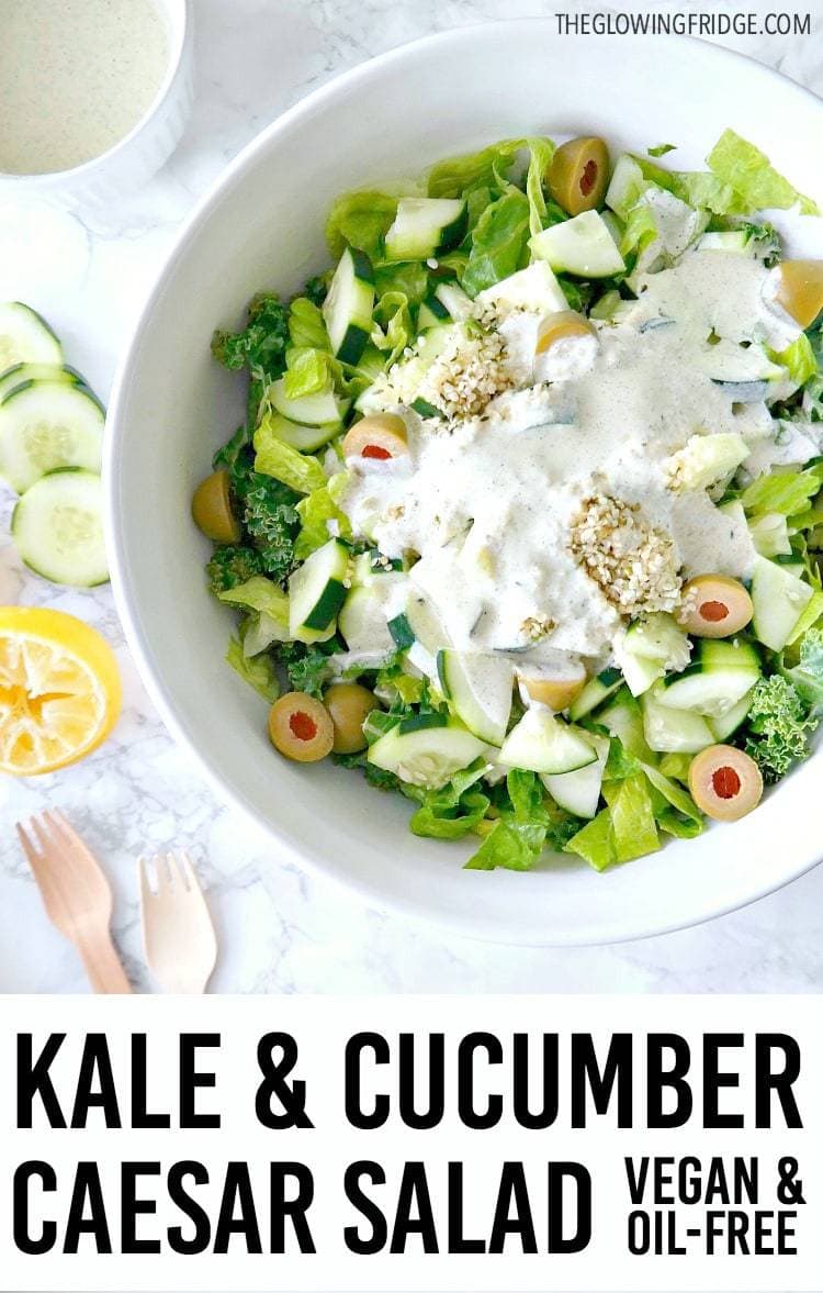 Zesty Kale Cucumber Caesar Salad - VEGAN, OIL-FREE, GLUTEN-FREE, CASHEW-FREE, NUT-FREE. Super fresh, light and crunchy with a tangy vegan caesar dressing, Simple and delicious - a perfectly healthy remake of the classic caesar salad. From The Glowing Fridge. #vegan #caesar #salad
