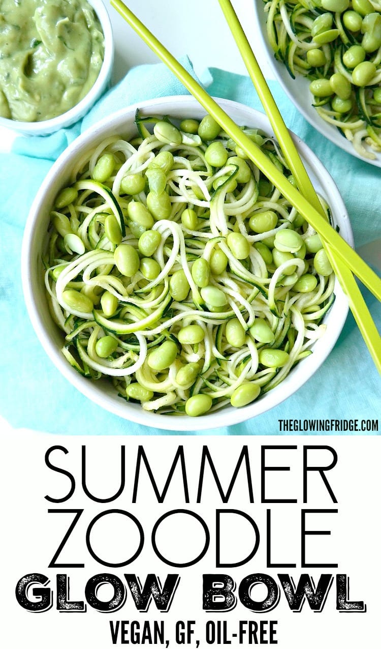 Vegan, Gluten-Free, Oil-Free, Nut-Free. Summer Zoodle Glow Bowl with edamame and creamy Avocado Lime Sauce. Healthy, fresh and light meal that's lean, clean and green! From The Glowing Fridge. #vegan #zoodles