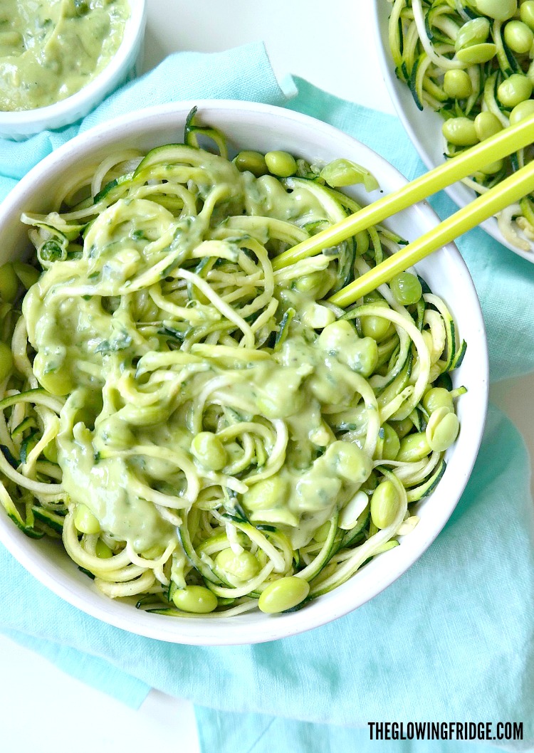 Vegan, Gluten-Free, Oil-Free, Nut-Free. Summer Zoodle Glow Bowl with edamame and creamy Avocado Lime Sauce. Healthy, fresh and light meal that's lean, clean and green! From The Glowing Fridge. #vegan #zoodles