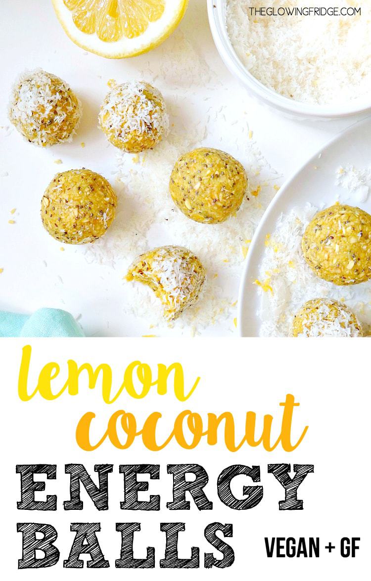 Lemon Coconut Energy Balls. VEGAN & GLUTEN FREE. Packed with superfoods like chia, hemp, maca and turmeric but tastes like lemon cookie dough. Amazing summer snack at the beach or on the go and takes 10 minutes to make. YUM! From The Glowing Fridge. #vegan #energy #balls #bites