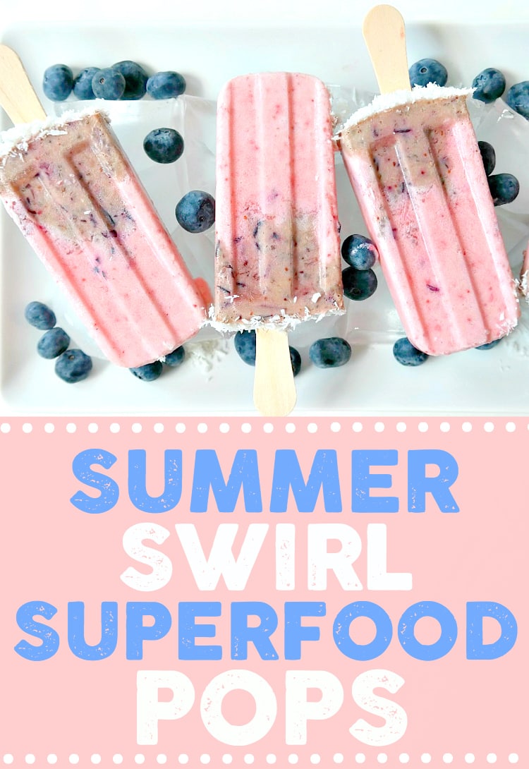 Summer Swirl Superfood Pops. Vegan popsicles made with coconut milk, superfoods like chia seeds and maca powder, plus antioxidant rich berries. Healthy, sweet & a super simple frozen treat! From The Glowing Fridge. #vegan #popsicles #summer #treat