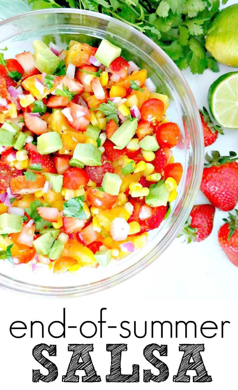 End-of-Summer Salsa. VEGAN & GLUTEN-FREE. The BEST way to finish out the summer with juicy strawberries, heirloom tomatoes, super sweet corn and ripe avocado. So easy and so addicting!! Simple, sweet and savory. #summer #salsa #vegan