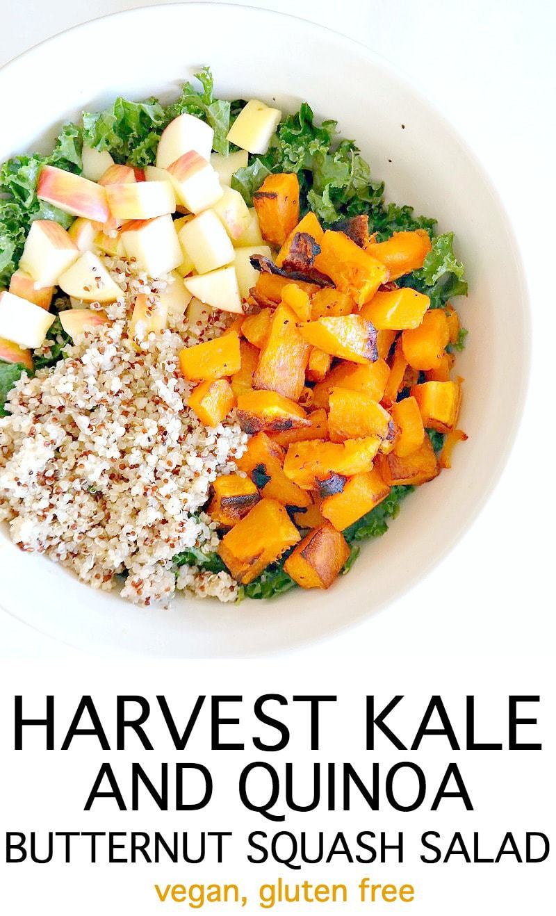 Harvest Kale and Quinoa Butternut Squash Salad. Vegan and Gluten Free with a Oil-Free Champagne Vinaigrette. Roasted butternut squash, crisp apple, nourishing quinoa, kale and raisins for a hint of sweetness. A lean, clean & green fall recipe that's perfect for Thanksgiving or any holiday party. #vegan #fall #autumn #salad