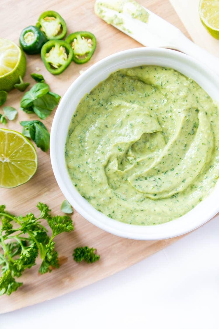 Sauce that you will want to put on EVERYTHING! Spicy Magic Green Sauce. Vegan, Gluten Free, Oil Free, Nut Free. Addicting! Complements all flavors, not just mexican flavors. Use as dipping sauce, sandwich spread, marinade, salad dressing, etc. #vegan #sauce
