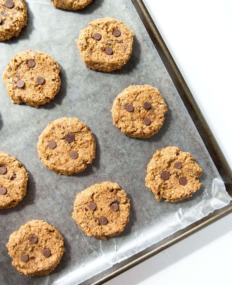 Easy Vegan Almond Butter Chewy Cookies. Gluten Free option! Simple & quick. All you need is a food processor; no hand mixing necessary. Healthier with whole food ingredients and naturally sweetened with dates. Any nut butter can be used! #vegan #almondbutter #cookie