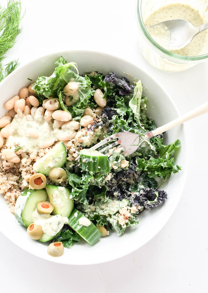 Vegan, Gluten Free. 'Greek Cucumber Tzatziki Glow Bowl'. Refreshing, simple and bright! Kale, quinoa, white bean & cucumber bowl, plus a Dairy-Free, Lemony Dill Cucumber Tzatziki Sauce. #vegan #greek #bowl #tzatziki