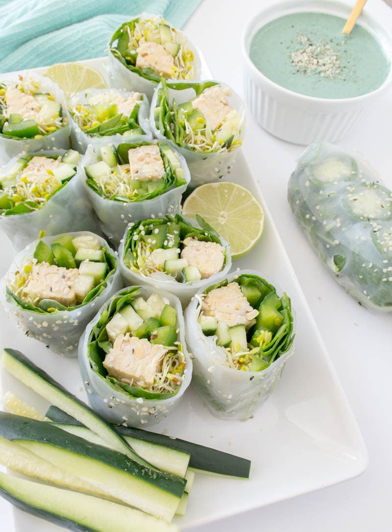 Mermaid Babe Rolls. Vegan and gluten free summer rolls that are light and fresh but also filling! Packed with leafy greens, crunchy veggies and protein-rich tempeh for a nourishing, bikini-friendly meal. Alongside a mint-colored Mermaid Miso Dipping Sauce! From The Glowing Fridge. #vegan #plantbased #mermaidrolls #springrolls