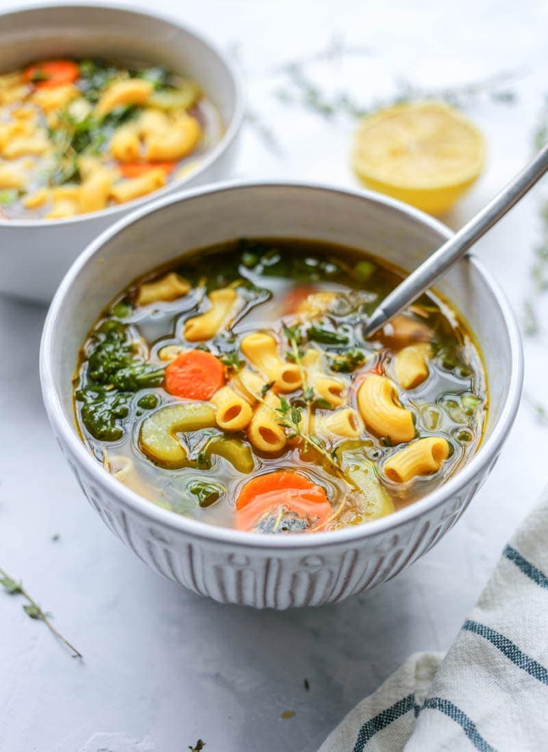 Healing Chickpea Noodle Soup. Vegan, Gluten Free, High Protein. A restorative, simple, nourishing soup for fall or winter with cleansing veggies and herbs, and lots of lemon! #vegan #soup #healing #chickpea #noodle