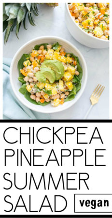 Chickpea Pineapple Summer Salad. Fruity, crunchy, tangy and sweet. Bursting with summer-y and coconut flavor! Vegan, gluten free and super quick to make. Served over greens. #vegan #summer #chickpea #pineapple #salad