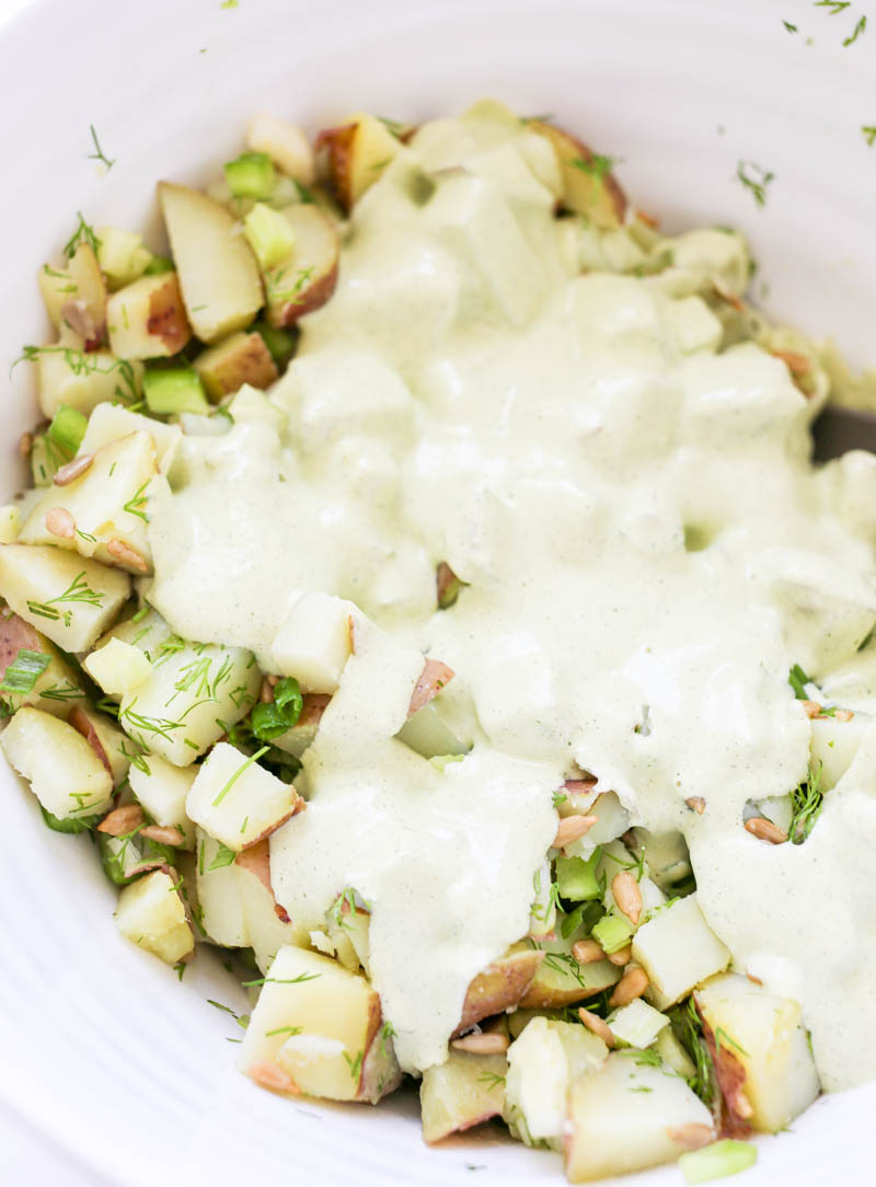 Vegan Ranch Potato Salad. Creamy, luscious and deliciously simple. Made with dairy-free ranch and crunchy vegetables. Perfect for a vegan summer side dish!