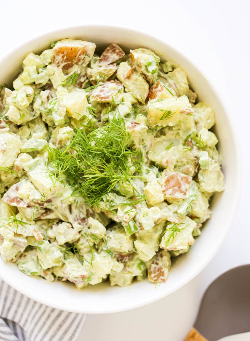 Vegan Ranch Potato Salad. Creamy, luscious and deliciously simple. Made with dairy-free ranch and crunchy vegetables. Perfect for a vegan summer side dish!