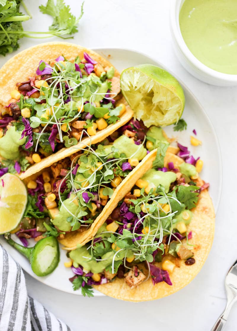 Tequila Lime Vegan Tacos. Plant based, simply delicious, gluten free tequila-infused tacos. Fresh veggies, herbs and spices with black beans and tempeh! #mexican #tequila #tacos #vegan