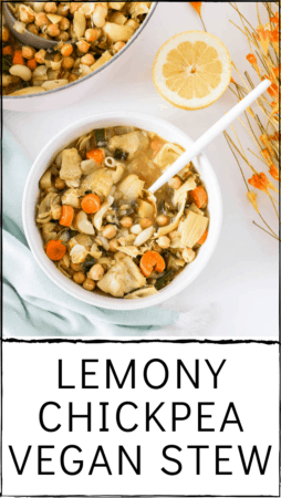 One-pot Lemony Chickpea Vegan Stew. With rosemary, lemon, veggies, chickpeas and gluten free pasta. Warming, satisfying and heart-healthy! Light and simple. #onepot #vegan #stew