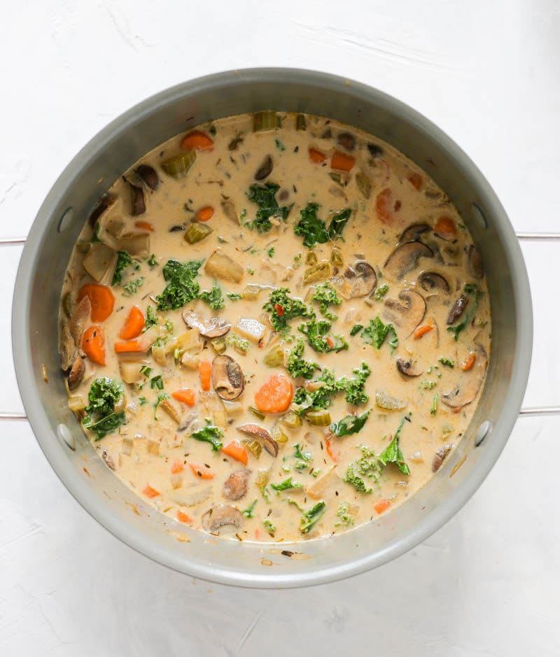 Vegan Wild Rice Mushroom Soup. A scrumptiously perfect blend of cozy and nourishing, all in one-pot! Creamy from the cashew cream, with lots of veggies. #vegan #wildrice #mushroom #soup 