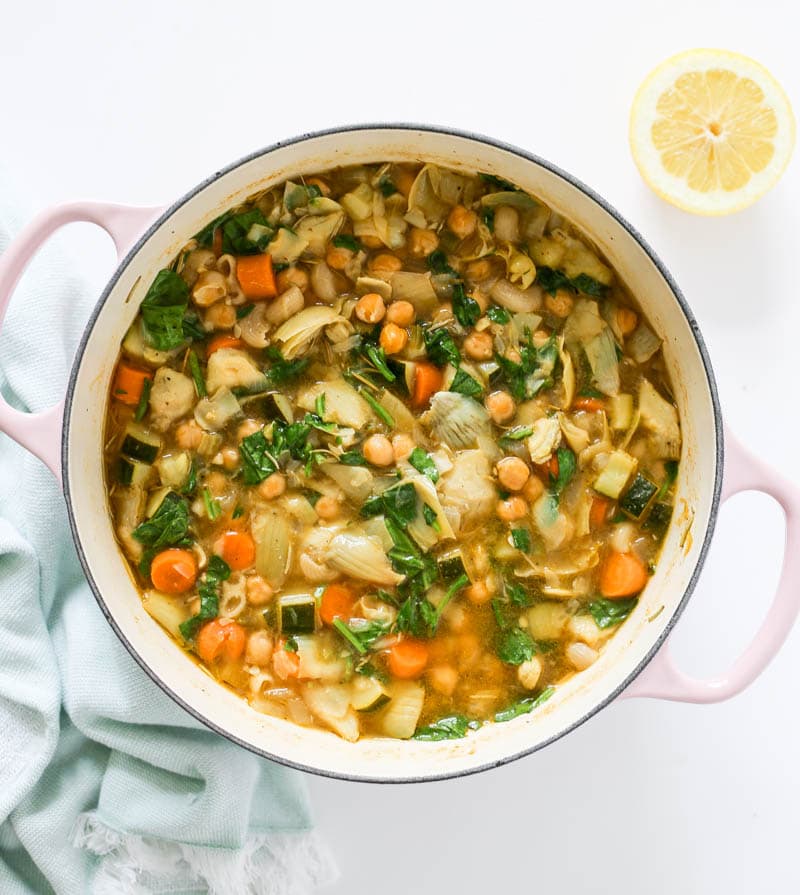 Lemony Chickpea Vegan Stew. With rosemary, lemon, veggies, chickpeas and gluten free pasta. Warming, satisfying and heart-healthy! A one-pot vegan stew that's light and simple. #onepot #vegan #stew